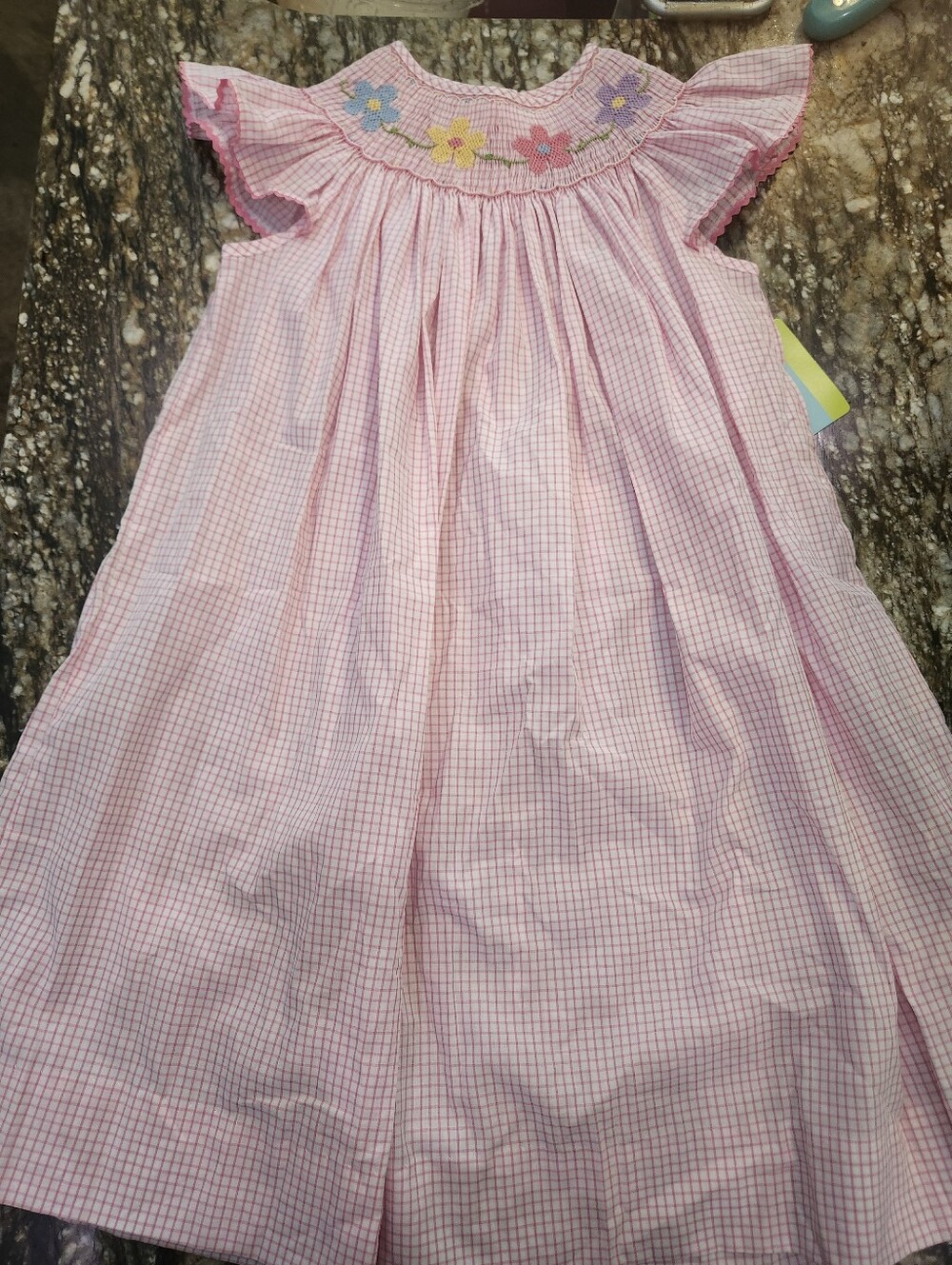 Pink Checked Girls' Dress with Floral Smocking